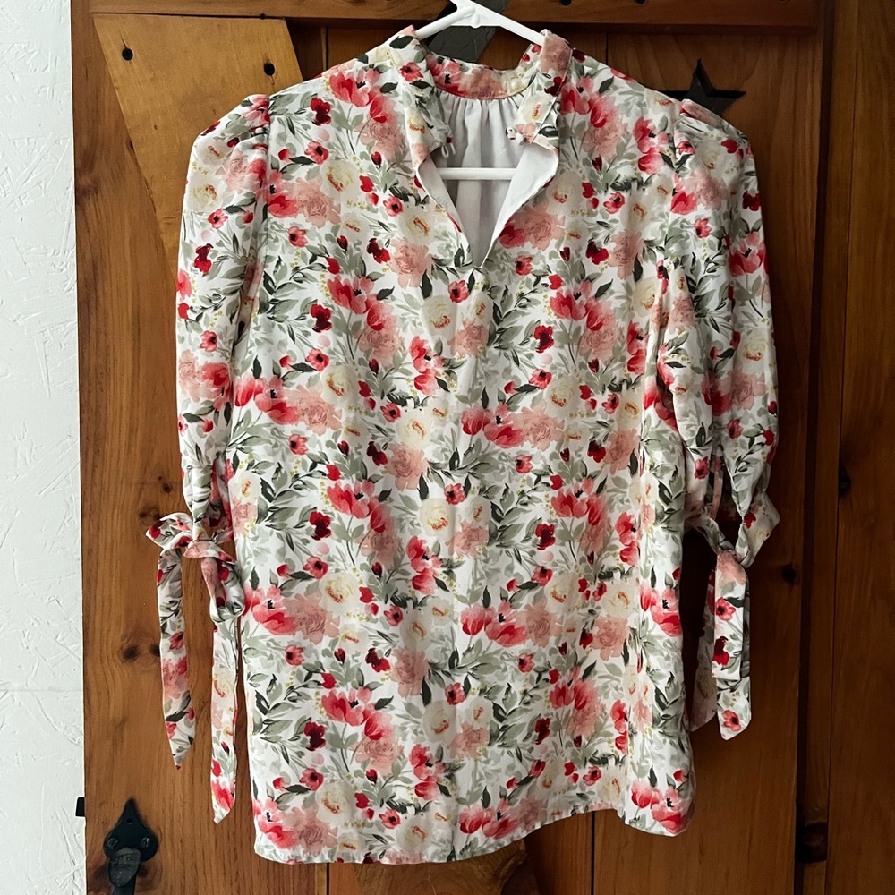 Fashion Union Floral Print High Neck Blouse with Tie Sleeves